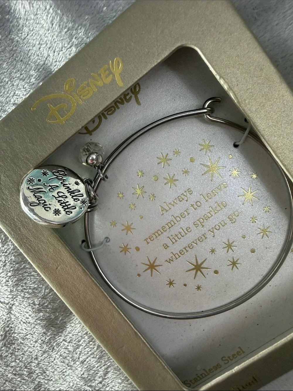 Disney Silver Stainless Steel Bangle Bracelet with Green Tinker Bell Charm